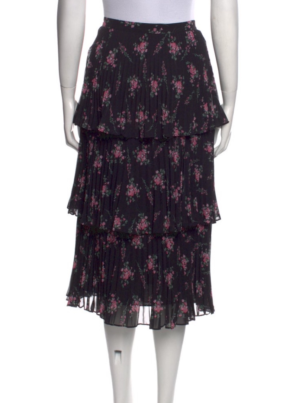 ML Monique Lhuillier Floral Tiered Pleated Midi Skirt